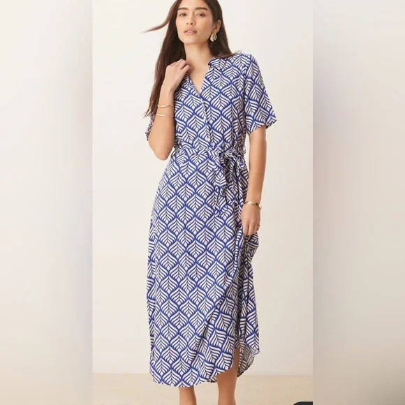 JDY tie waist midi shirt dress in blue print S - Picture 6 of 7